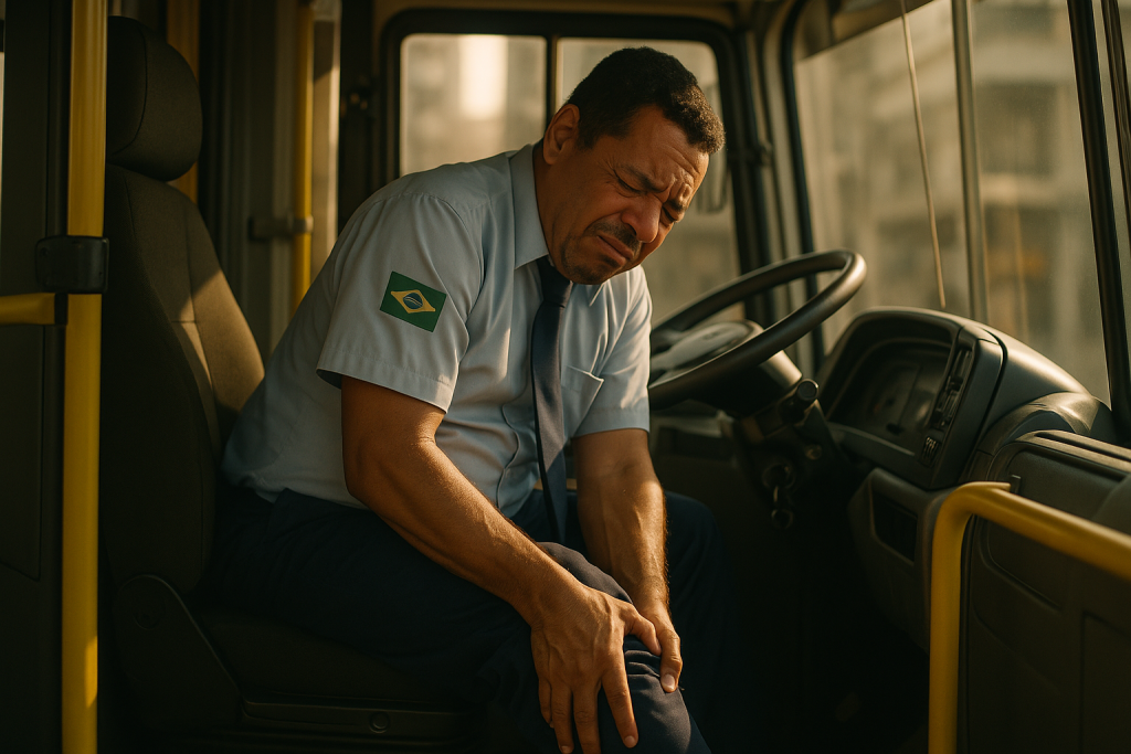 Motorista de ônibus com dor nas pernas após longa jornada de trabalho sentado — risco de varizes e insuficiência venosa