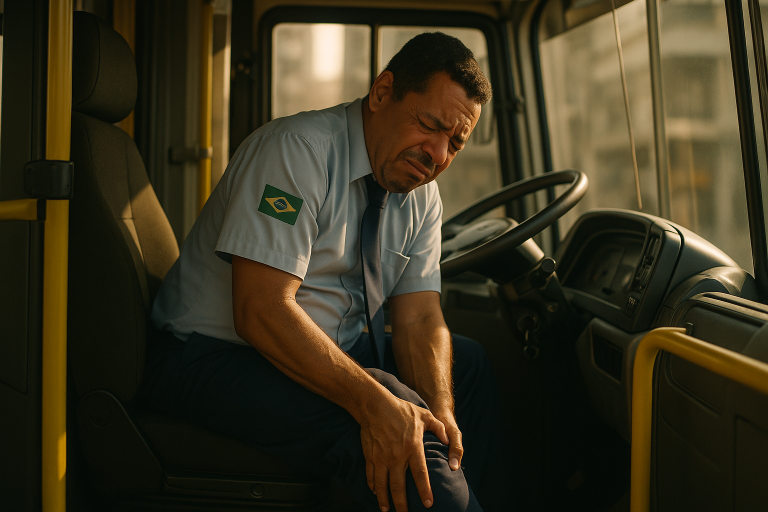 Motorista de ônibus com dor nas pernas após longa jornada de trabalho sentado — risco de varizes e insuficiência venosa