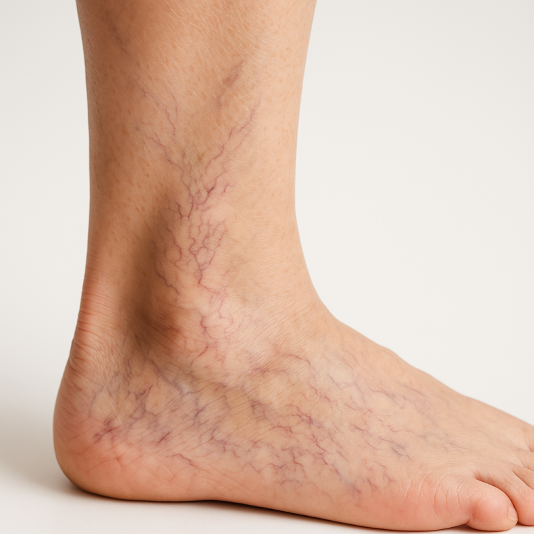 Vasinhos nas pernas — telangiectasias vermelhas e roxas no tornozelo tratadas com escleroterapia